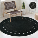 Hand Woven Braided Jute Rug - 5' Round - Black Reversible Farmhouse Rugs for Living Room, Bedroom, Dining Room, Kitchen - Natural Decorative Floor Boho Entry Area Rugs - Round Rug 5ft
