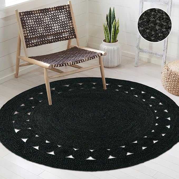 Hand Woven Braided Jute Rug - 5' Round - Black Reversible Farmhouse Rugs for Living Room, Bedroom, Dining Room, Kitchen - Natural Decorative Floor Boho Entry Area Rugs - Round Rug 5ft