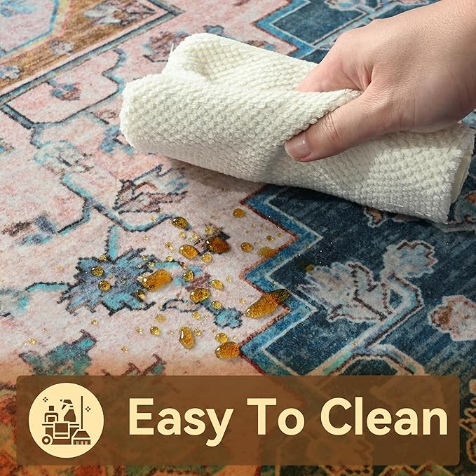 YJ.GWL Area Rugs for Living Room 4x6 Machine Washable Rugs for Bedroom, Non Slip Floral Vintage Rug Indoor Carpet, Stain Resistant Throw Rug for Dining Room Kitchen, Brown Blue