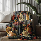 Black Floral Throw Blanket, Vintage Dark Flower Blanket for Bed Sofa Travel and Camping Flannel Blanket Gift, Super Soft Cozy Fluffy Plush Blanket for All Seasons, 50" x 60"