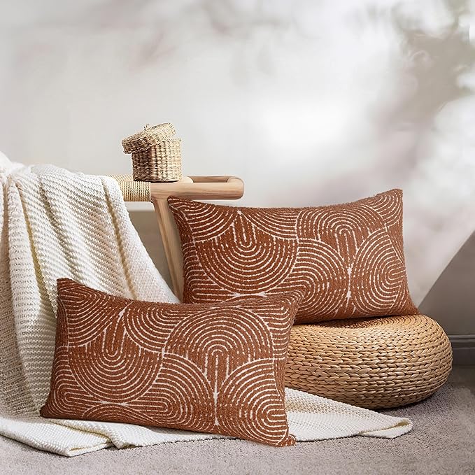 AELS Boho Decorative Textured Lumbar Pillow Covers 12x20, Modern Mid Century Rainbow Tufted Lumbar Pillow Case, Farmhouse Rustic Geometric Woven Cushion Case for Bed Couch Sofa, Burnt Orange