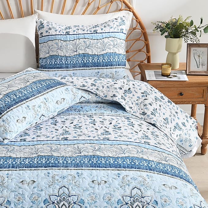 HORIMOTE HOME Boho Quilt Twin Size Blue Bohemian Floral Quilt Bedding Set, Soft Lightweight Twin Comforter for All Season, Farmhouse Bedspread Coverlet with 1 Pillow Sham, 68 x 86 inches