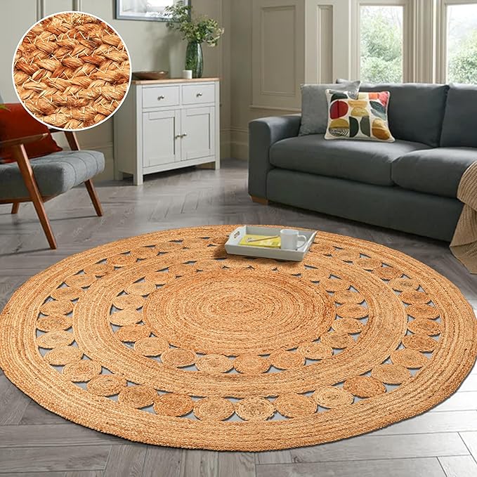 Hand Woven Jute Area Rug - 8' Round - Rustic Beige Reversible Farmhouse Rugs for Bedroom, Kitchen, Living Room - Vintage Natural Braided Entry Floor Décor Circle Boho Round Rugs 8ft