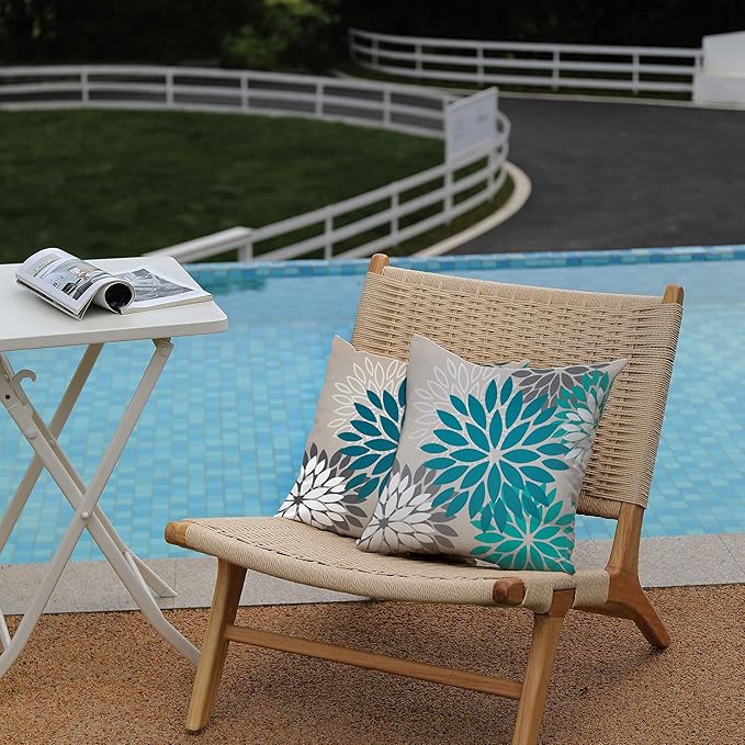 DFXSZ Dark Blue Green Outdoor Pillow Covers 20X20 Inch Set of 2 Spring Teal Flower Pillow Case Outdoor Waterproof Decor for Patio Funiture Garden Polyester pillowcovers 002D20