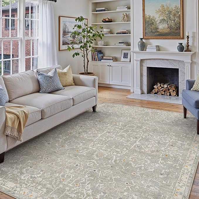 HUGEAR Area Rug 8x10 Retro Grey Machine Washable Living Room Rugs Distressed Vintage Floral Vacuumable Low Pile Carpet Bedroom Office Dining Room Laundry Room Non Slip Soft Lightweight