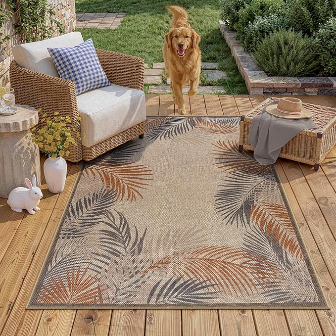 LIVEBOX Modern 3x5 Jute Outdoor Patio Rug, Washable Rugs for Entryway Porch, Tropical Leaf Boho Farmhouse Carpet, Non Slip Front Door Mat for Outdoor Indoor Entryway Decor (Beige 3'x5')