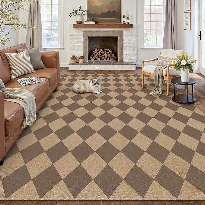8x10 Checkered Easy Jute Area Rug for Living Room Large Checkerboard Washable Indoor Outdoor Carpet Farmhouse Patio Office Mat Geometric Non Slip Brown Carpet for Backyard Dining Room
