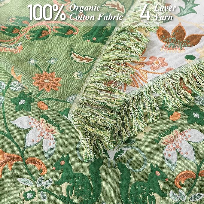 Boho Throw Blanket for Bed-100% Cotton Soft Breathable Farmhouse Decor Boho Quilt for Sofa (Bright Green, 60"x80")