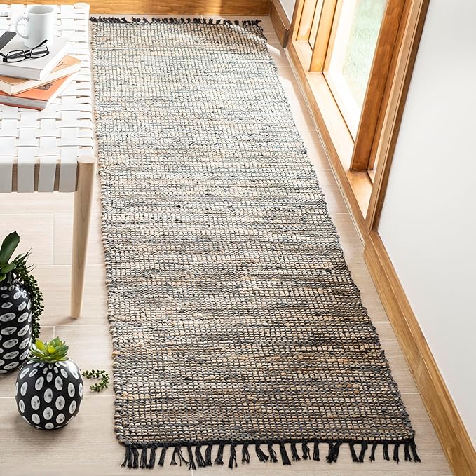 SAFAVIEH Vintage Leather Collection Runner Rug - 2'3" x 9', Grey, Handmade Boho Fringe Leather & Jute, Ideal for High Traffic Areas in Living Room, Bedroom (VTL203F)