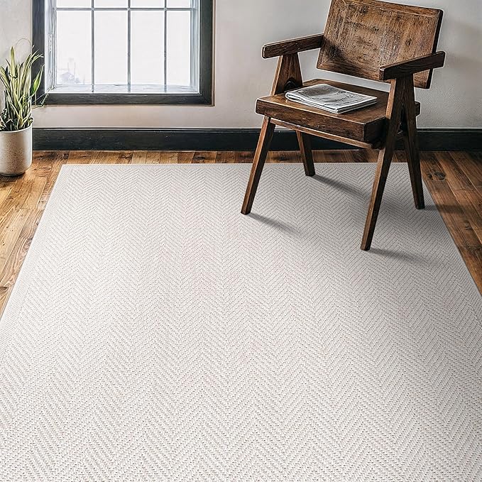 CAMILSON Easy Jute Rug 6x9, Indoor Outdoor Off-White Color Fiber Area Rugs for Living Room Patio and Bedroom Rug Herringbone Seagrass Woven Design Easy-Cleaning, Washable Outside Carpet Alfombras 6x9