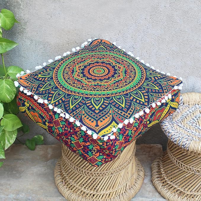 CRAFT KALA Large Hippie Mandala Meditation Floor Ottoman Pillow Cushion Pouf Cover Square Poufs Bohemian Circle Floor Cushion Case Outdoor Fireplace Yoga Living Room Decor Cover New Blue, 18" Square