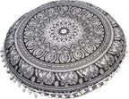Round Mandala Floor Pillow Cover Seating Cushion Throw Cover Hippie Decorative Bohemian Ottoman Pouf Cover, Pom Pom Pillow Cases,Boho Indian 22 Inches (Black Elephant Flower)