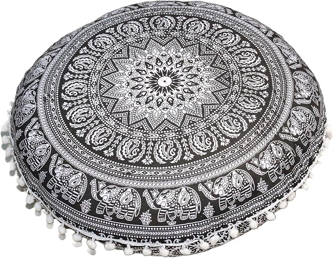 Round Mandala Floor Pillow Cover Seating Cushion Throw Cover Hippie Decorative Bohemian Ottoman Pouf Cover, Pom Pom Pillow Cases,Boho Indian 22 Inches (Black Elephant Flower)