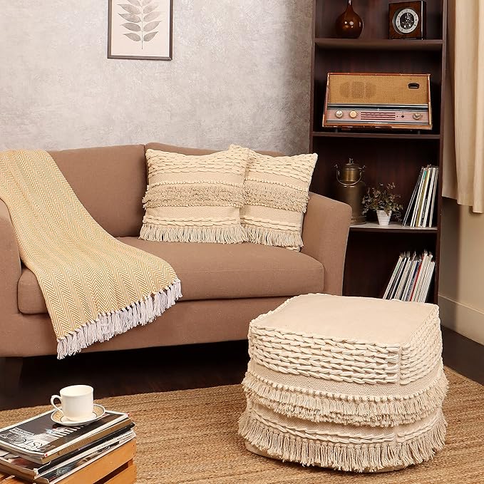 REDEARTH · UNSTUFFED Pouf Ottoman Cover Boho Textured Storage Cube Poof, Farmhouse Accent Pouffe Footrest for Living Room, Bedroom, Nursery, kidsroom, Nook; 100% Cotton (18x18x18; Natural)