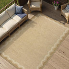 LIVEBOX Scalloped Washable 3x5 Outdoor Rug, Easy Jute Geometric Tan Rug for Entryway, Indoor Non Slip Patio Rugs Farmhouse Carpet Area Rug for Bedroom Living Room Kitchen Bathroom Front Door Mat Porch