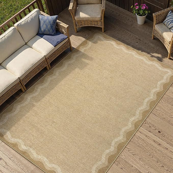 LIVEBOX Scalloped Washable 3x5 Outdoor Rug, Easy Jute Geometric Tan Rug for Entryway, Indoor Non Slip Patio Rugs Farmhouse Carpet Area Rug for Bedroom Living Room Kitchen Bathroom Front Door Mat Porch