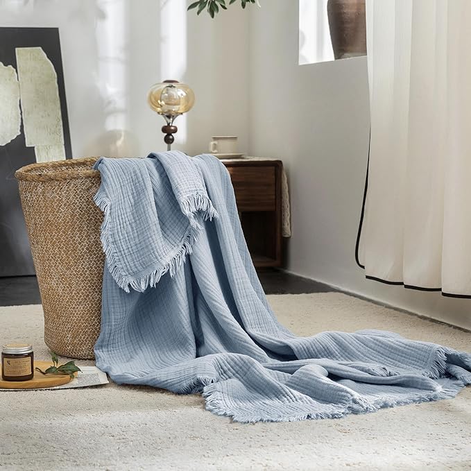 FOSSA Muslin Blanket with Fringe - 4-Layer 100% Cotton Gauze Super Soft & Breathable Throw -Lightweight Decorative Cooling Blanket for Bed, Sofa, Office (Cornflower Blue, Throw XL (50" × 70"))
