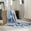 FOSSA Muslin Blanket with Fringe - 4-Layer 100% Cotton Gauze Super Soft & Breathable Throw -Lightweight Decorative Cooling Blanket for Bed, Sofa, Office (Cornflower Blue, Throw XL (50" × 70"))