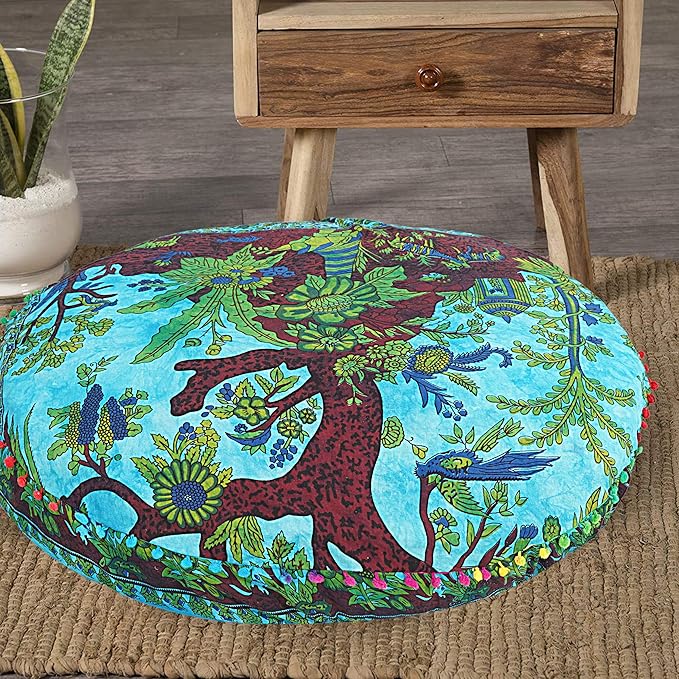 35 X 35 inch Large Mandala Floor Pillow Cushion Seating Throw Cover Hippie Decorative Bohemian Ottoman Poufs, Multi Pom Pom Pillow Cases,Boho Indian Pet Dog Bed Cover (Blue T.L)