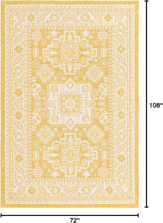 Rugs.com Outdoor Aztec Collection Rug – 6' x 9' Yellow Flatweave Rug Perfect for Living Rooms, Large Dining Rooms, Open Floorplans