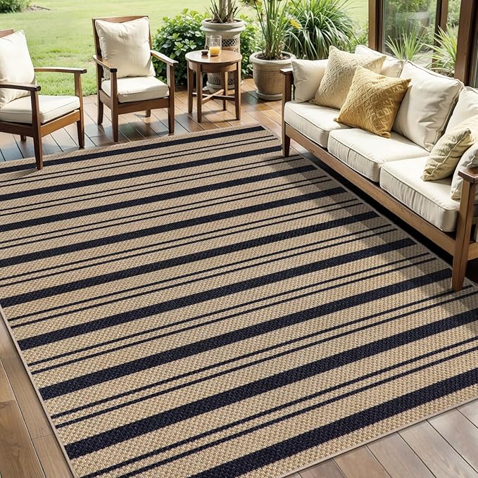 Tangsoo Stripe Easy Jute Rug 5x7 Large Washable Area Rugs for Living Room,Non-Slip Thin Indoor Outdoor Rug,Farmhouse Natural Throw Mat for Dining Room Table Backyard Patio Home Office Decor