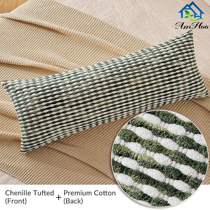 AmHoo Boho Chenille Pillow Cover Decorative Tufted Pillowcase for Couch Bed Sofa Bedroom Living Room Modern 14 x 36-Inch Sage Green