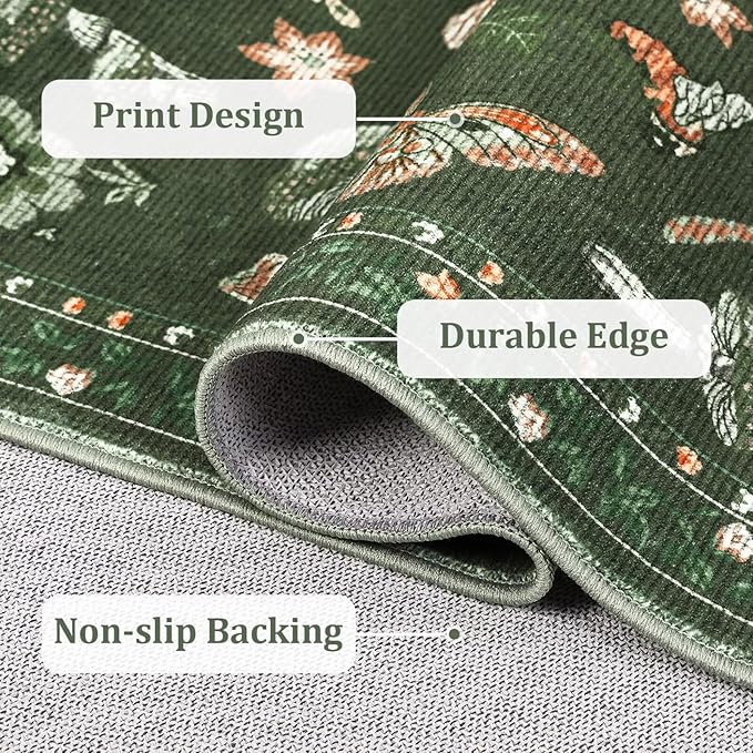 Mushroom 2x6 Runner Rug for Hallway Washable Kitchen Rugs Non Slip Low-Pile Whimsical Cottage Core Insect Bug Butterfly Funky Decor for Entryway Bathroom Bedroom Olive Green