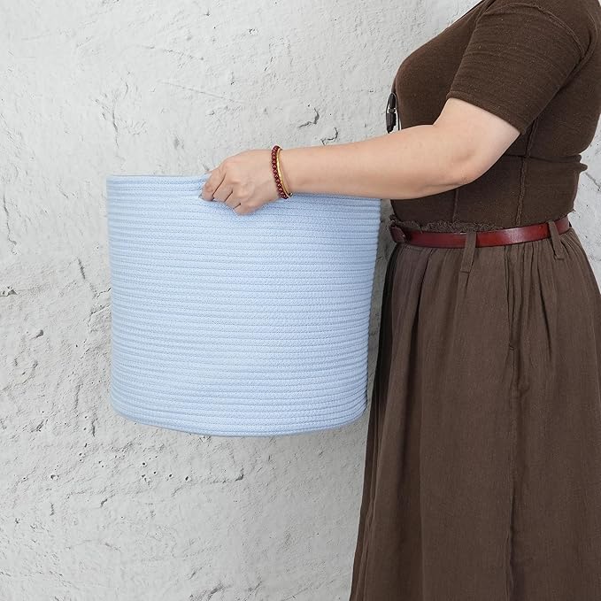 Cotton Rope Basket For Girls Boys Kids 16”X14” Baby Laundry Baskets Nursery Bin Round Woven Basket For Storage Toys Blankets Shoes Clothes blue