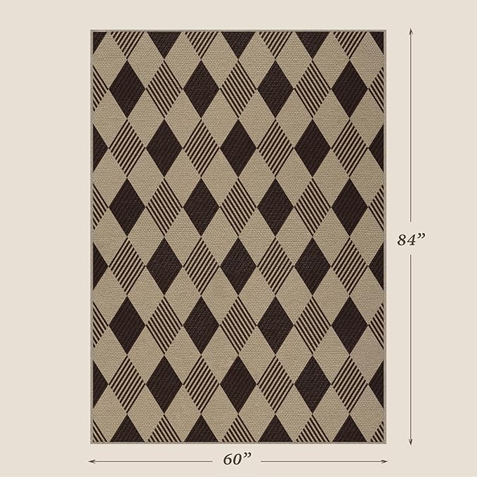 JTJ Easy Jute Diamond 5x7 Area Rug for Living Room - Door Mat Indoor Entrance, Checkered Plaid Rug for Patio, Bedroom, Home Office, Woven Low Pile Washable Beige Black Geometric Front Porch Décor