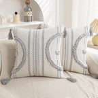 Boho Throw Pillow Covers 18x18 Set of 2 Cotton Woven Tufted Farmhouse Pillows Covers with Tassels Outdoor Neutral Gray Decorative Pillowcases Square Textured Accent Cushion Cases for Couch Bed Sofa