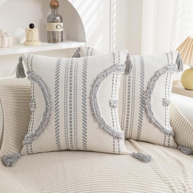Boho Throw Pillow Covers 18x18 Set of 2 Cotton Woven Tufted Farmhouse Pillows Covers with Tassels Outdoor Neutral Gray Decorative Pillowcases Square Textured Accent Cushion Cases for Couch Bed Sofa