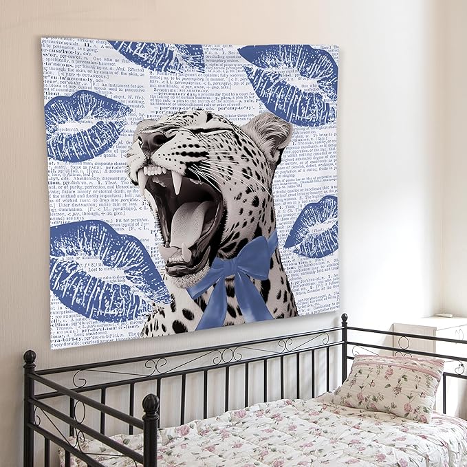 WNAGT Retro Trendy Leopard Tapestry Wall Hanging, Cheetah Leopard Room Decor, Vintage Funky Cheetah Print Lips Wall Blanket Decor for Girls Bedroom Dorm Apartment Home, 50x60 Inch(Blue)