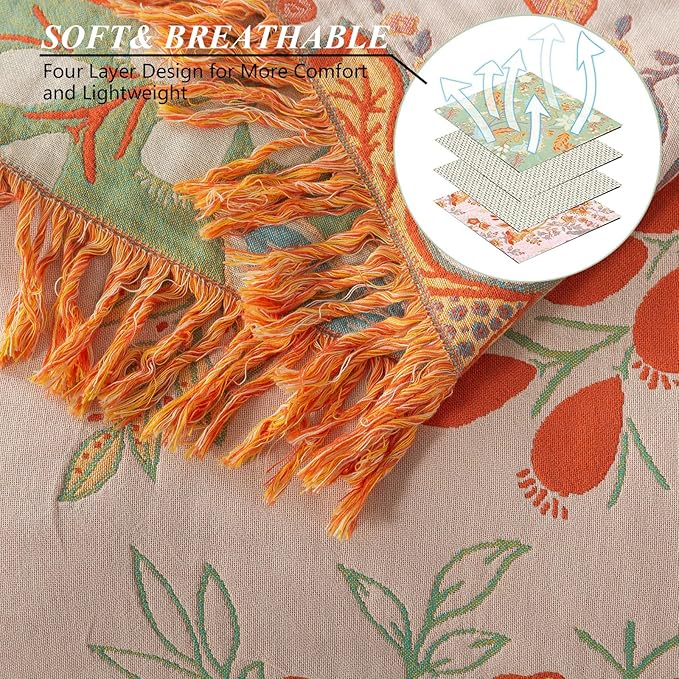 Boho Throw Blanket for Bed-100% Cotton Soft Breathable Farmhouse Decor Boho Quilt for Sofa (Boho Flowers, 60"x80")