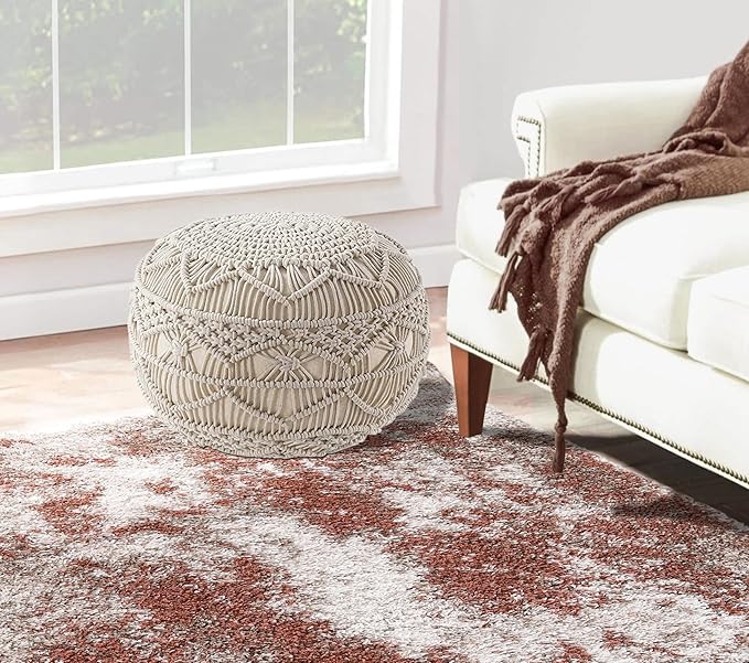NOORI Rug Home - 100% Handmade & Handcrafted Premium Cotton Round Knitted Macrami Style Pouf - for The Living Room, Bedroom and Kids Room - Small Furniture - Taupe, 20X20x14 (S121)
