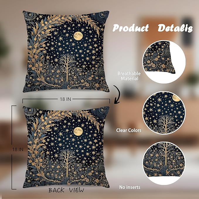 Vintage Dark William Morris Moon Night Forest Decor Pillow Covers 18x18 Set of 4,Black Forest Decor,Dark Dcademia Floral Decorative Throw Pillow Covers for Home Bedroom Living Room