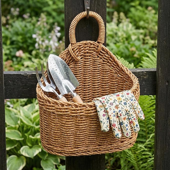 DOITOOL Set of 2 Wicker Hanging Basket for Wall, Front Door, Flowers, Mail, Fruit - Boho Handmade Rattan Hanging Wall Baskets for Garden Farmhouse Home Storage