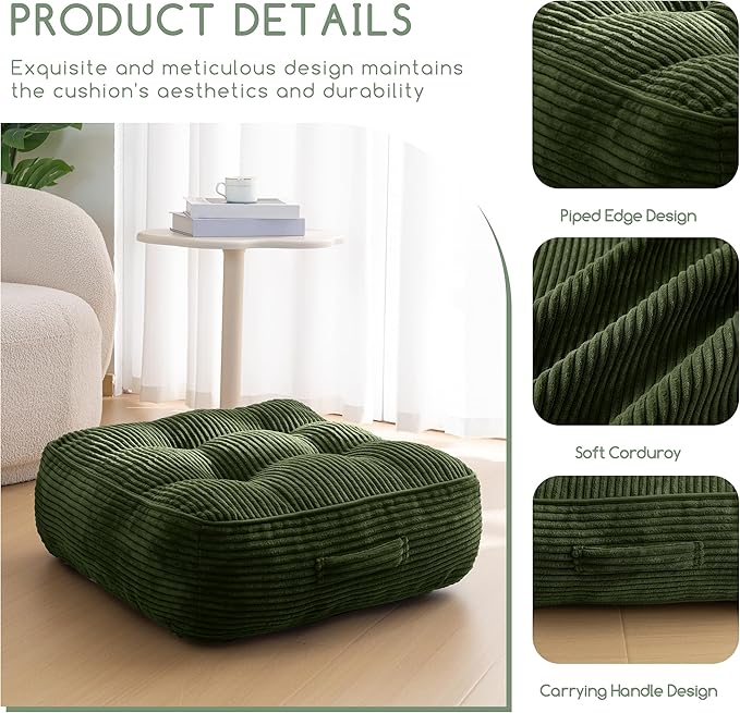 HIGOGOGO 8" Extra Thick Floor Pillow Cushion for Adults, Meditation Cushion Pillow, Large Square Floor Sitting, Tufted Corduroy Cover, for Tatami Living Room or Yoga, 22x22 Inch, Dark Green