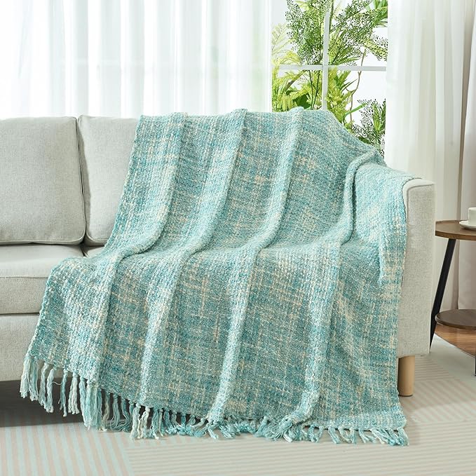 Multi-Color Turquoise Cable Woven Throw Blanket for Couch,50"X60" Boho Style Textured Blankets for Home Decor,Super Soft Warm Cozy Chunky Blanket with Decorative Tassels for Bed