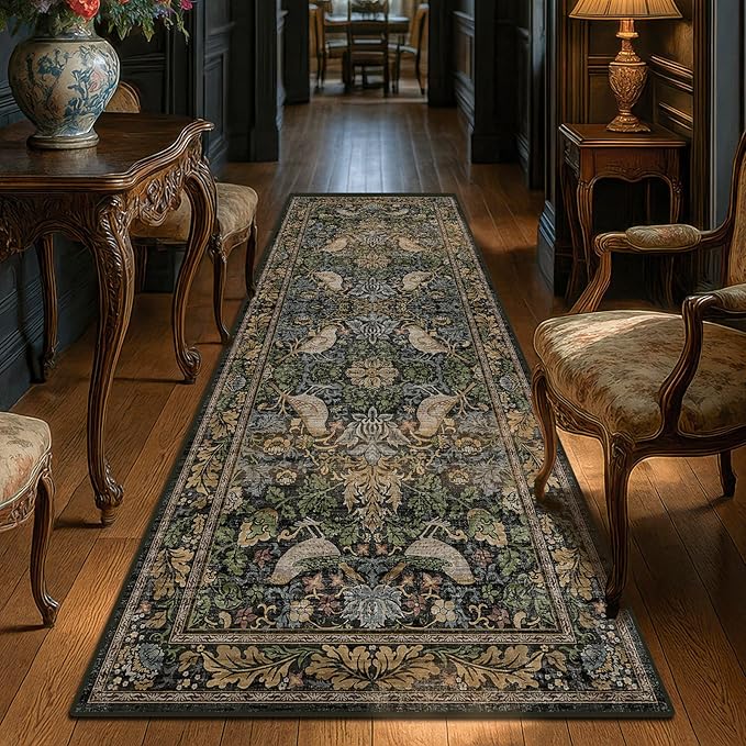 Floral Kitchen Runners - 2x6 Runner Rug for Hallway Bathroom Laundry Room Bedroom Beside Bed Entryway, Boho Birds Leaves Patterned Non Slip Low Pile Washable Rugs