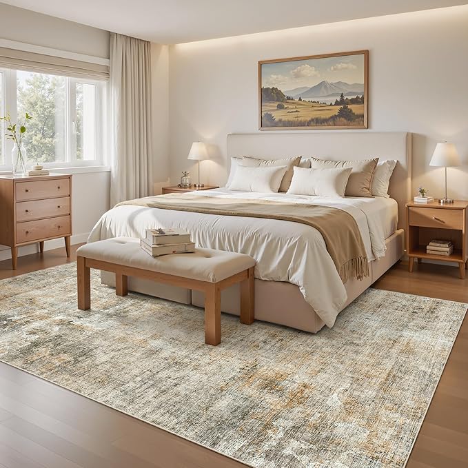 6x9 Abstract Area Rugs for Living Room 6 x 9 Washable Non Slip Low Pile Rugs for Bedroom Dining Room Foldable Thin Brown Grey