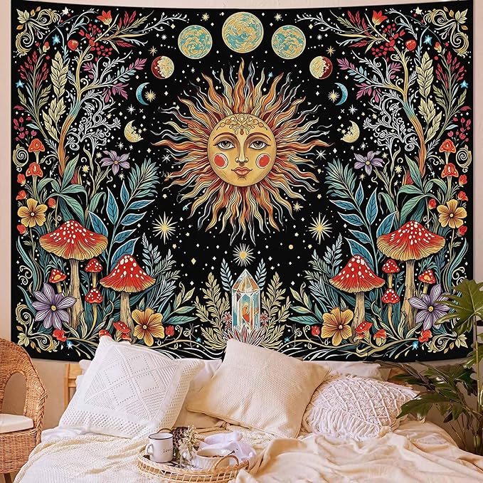 Accnicc Boho Sun and Moon Tapestry Hippie Mushroom Floral Wall Tapestry for Bedroom Aesthetic Vintage Plant Celestial Spiritual Small Tapestries Wall Hanging for Dorm Living Room Decor 60 x 44 Inch