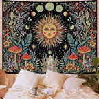 Accnicc Boho Sun and Moon Tapestry Hippie Mushroom Floral Wall Tapestry for Bedroom Aesthetic Vintage Plant Celestial Spiritual Small Tapestries Wall Hanging for Dorm Living Room Decor 48 x 36 Inch