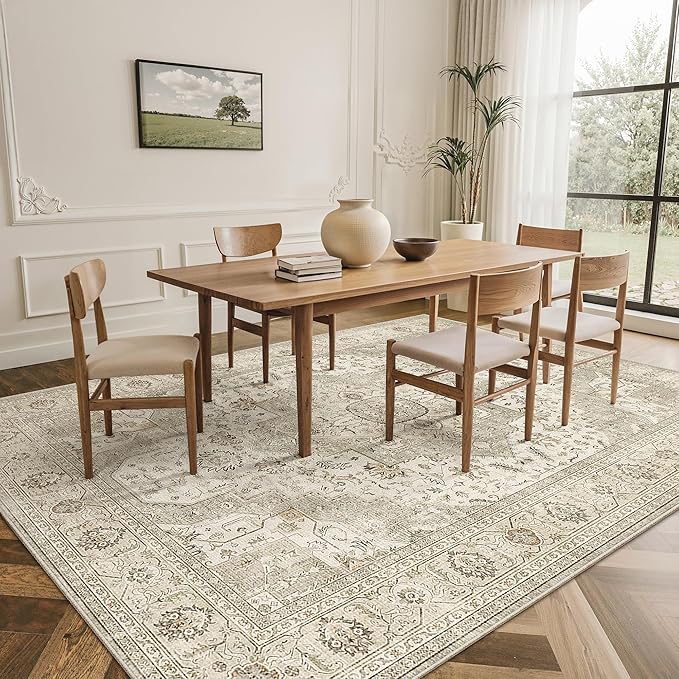 Washable Area Rugs 5x7, Ultra-Thin Rugs for Living Room, Bedroom, Dining Room, Stain Resistant Anti Slip Backing Area Rug, Super-Soft Floral Vintage Home Decor Rug (Ivory/Beige, 5'x7')