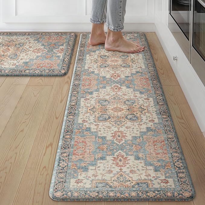 GENIMO Kitchen Mats for Floor 2PCs, Washable Anti Fatigue Mat for Cushioned, 17.3"x59"+17.3"x30", Waterproof Kitchen Rugs, Non Slip Comfort Standing Mat Rug for Home, Sink, Laundry, Blue&Salmon