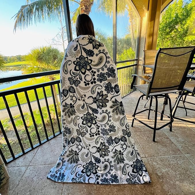 Serafina Home Throw Blanket: Velvety Soft, Durable Fleece Accent for Bed or Couch (Navy Damask and Paisley, 50 x 70 inches)