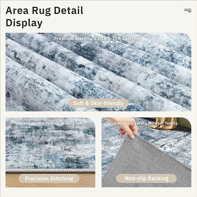 Area Rug 6x9 Abstract Rugs for Living Room 6 x 9 Washable Rugs Blue Non Slip Low Pile Rugs for Bedroom Dining Room Foldable Thin