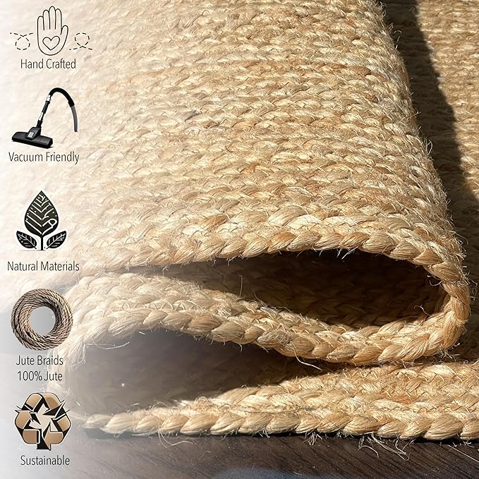 Chardin home Hand Woven Natural Jute Braided Rug – 2x8 Rectangula | Rustic Boho Farmhouse Style | Solid Natural Fiber Rug for Hallway, Entryway, Kitchen, Bedroom, Dining Room, Study, Office