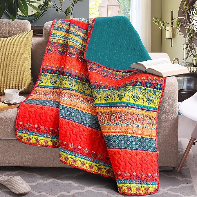 Exclusivo Mezcla 50"x 60" Quilted Throw Blanket- Microfiber Quilt Throw with Boho Striped Pattern, Reversible Red and Blue Versatile Lap Quilt for All Seasons, Lightweight Throws for Bed/Couch/Sofa