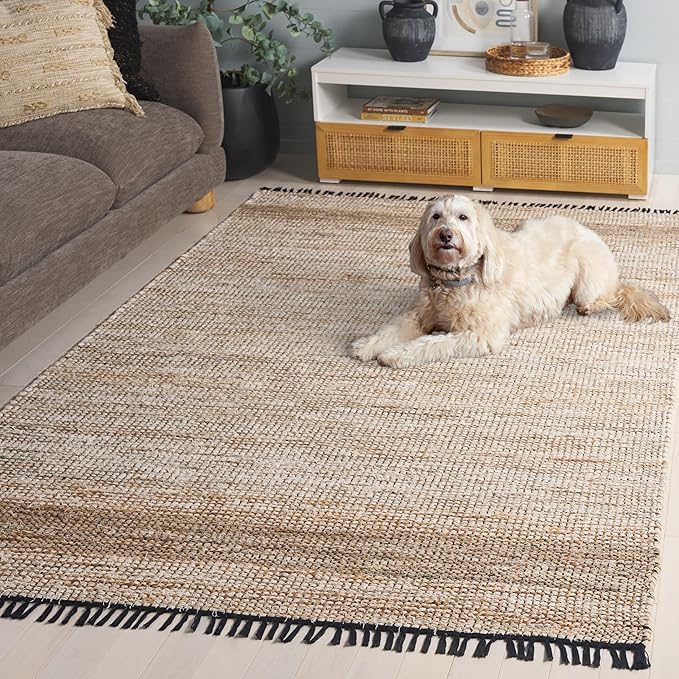 SAFAVIEH Cape Cod Collection Area Rug - 6' x 9', Ivory & Beige, Handmade Denim & Jute, Ideal for The Living Room, Dining, Bedroom (CAP153A)