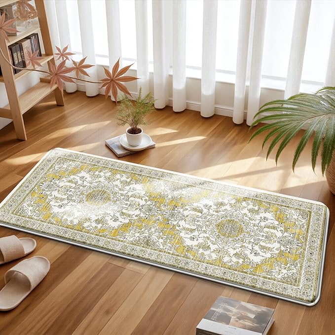 Boho Kitchen Mats for Floor 2 Piece Set Anti Fatigue Cushioned PVC Kitchen Rugs Non Slip Waterproof Farmhouse Mats 2/5 Inch Comfort Standing Mat for Office, Laundry, 17.3"x59"+17.3"x28", Yellow